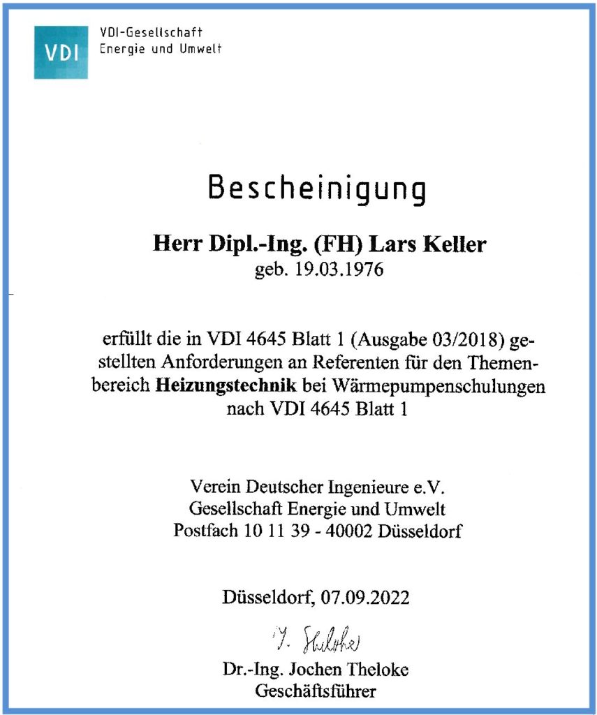 Bescheinigung Referent Keller VDI 4645